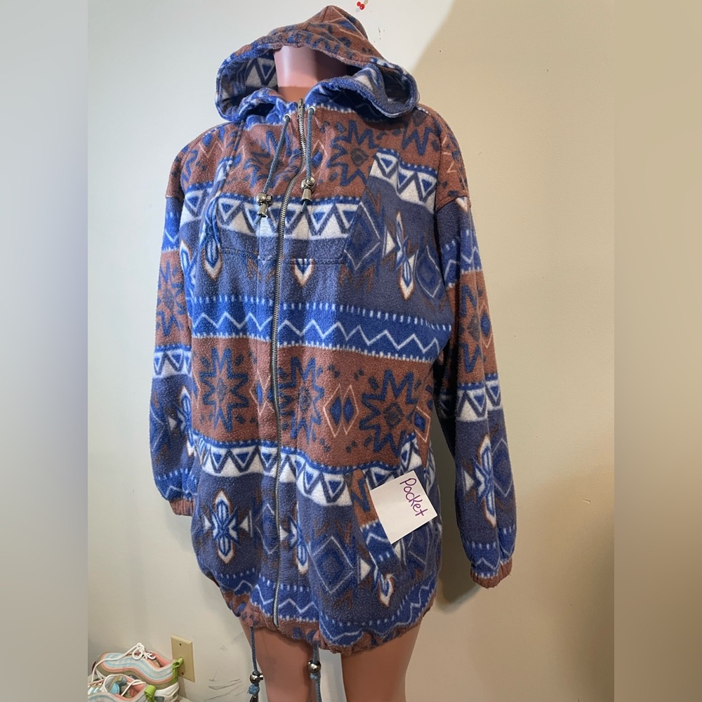 OutBrook Womens Aztec Tribal Fleece Jacket‎ Blue Brown full zip hooded w/pockets - Picture 2 of 12